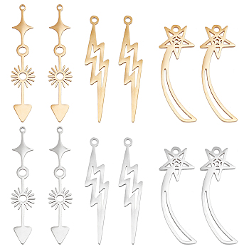 12Pcs 6 Styles  201 Stainless Steel Pendants, Laser Cut, Mixed Color, 29.5~42x8.5~10.5x1mm, Hole: 1.4~1.6mm, 2pcs/style