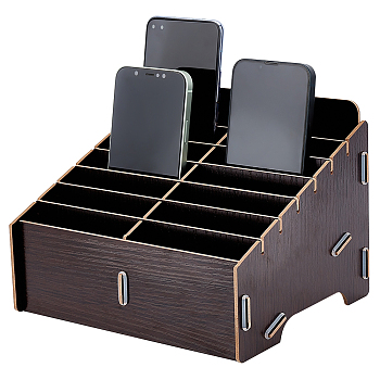 14-Grid Detachable Wooden Cell Phone Storage Box, Mobile Phone Holder, Desktop Organizer Storage Box for Classroom Office, Trapezoid, Coconut Brown, 218x176x150mm