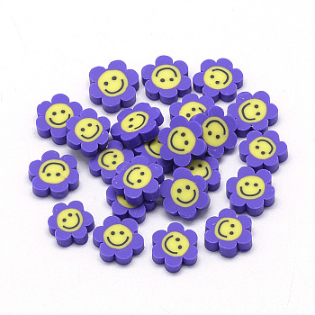 Handmade Polymer Clay Cabochons, Flower with Smile Face, Mauve, 9~11x9~11x2~3mm