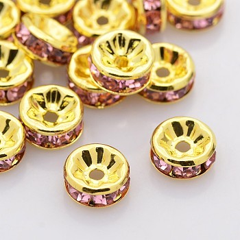 Brass Rhinestone Spacer Beads, Grade A, Straight Flange, Golden Metal Color, Rondelle, Light Rose, 6x3mm, Hole: 1mm