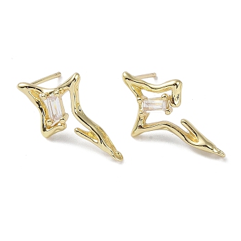 Brass with Cubic Zirconia Rhombus Stud Earrings Findings, with 925 Sterling Silver Pins, Star, Real 14K Gold Plated, 12x12x2.5mm, Hole: 1mm, Pin: 0.5mm