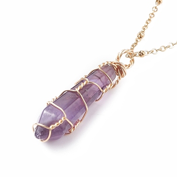 Double Pointed Natural Amethyst Pendant Necklace, Copper Wire Wrap Pendant and 304 Stainless Steel Findings Necklace, Golden, Bullet, 15.94 inch(40.5cm)