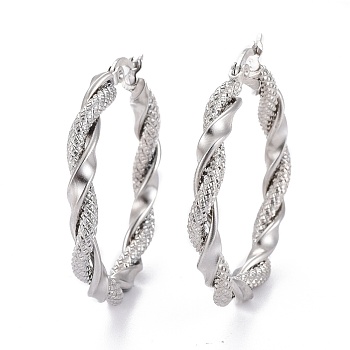 304 Stainless Steel Hoop Earring, Hypoallergenic Earrings, with Ear Nut, Textured, Twisted Ring Shape, Stainless Steel Color, 35x4mm, Pin: 0.5x1mm