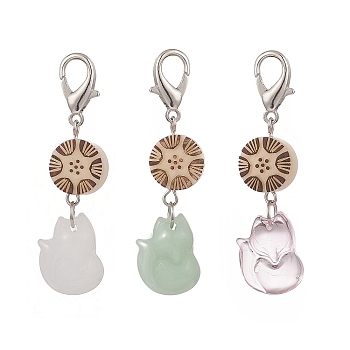 Fox Glass Pendant Decorations, Ivory Nut and Zinc Alloy Lobster Clasps Charm, Clip-on Charms, for Keychain, Purse, Backpack, Mixed Color, 53mm, 3pcs/set