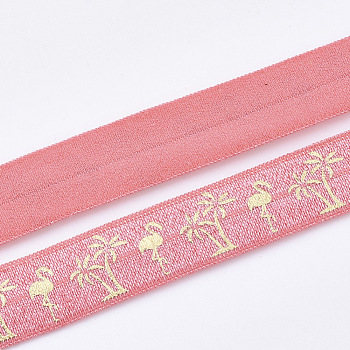 Flat Elastic Cord, Flamingo Shape & Coconut Palm Pattern, Hot Pink, 15~16x1mm, about 3.28 yards(3m)/roll