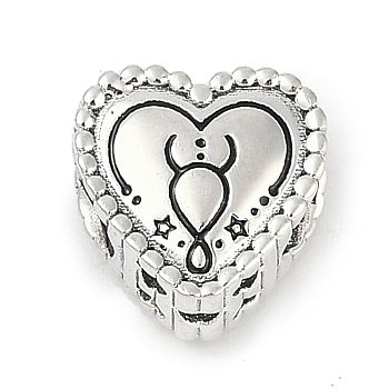 925 Sterling Silver European Beads, Heart, Taurus, 9.5x9.5~10x7mm, Hole: 4.5mm