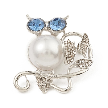 Rhinestone & ABS Plastic Imitation Pearl Owl Brooch Pin, Alloy Badge for Backpack Clothes, Silver Color Plated, 31.2x30x14.5mm