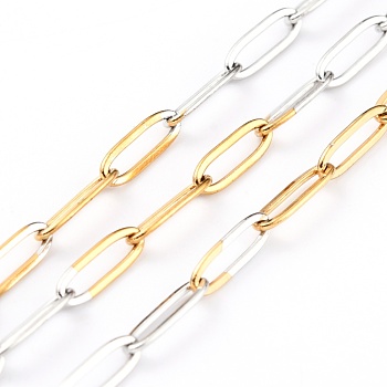 Two Tone 304 Stainless Steel Paperclip Chains, Drawn Elongated Cable Chains, Soldered, with Spool, Golden & Stainless Steel Color, 10x3x0.5mm, 32.8 Feet(10m)/roll