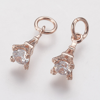 Brass Micro Pave Cubic Zirconia Charms, Eiffel Tower, Rose Gold, 11x4.5mm, Hole: 3mm