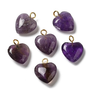 Natural Amethyst Pendants, Heart Charms with Golden Plated Brass Loops, 15~15.5x12~12.5x4.5~5.5mm, Hole: 2mm