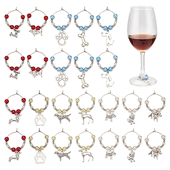 24Pcs 12 Style Tibetan Style Alloy Pendant Wine Glass Charms with Brass Hoop Earring Findings, with Glass Pearl & Acrylic & Brass Beads, Bone/Dog Paw Prints/Dog, Mixed Color, 45~57mm, 2pcs/style