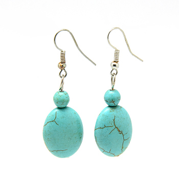 Dyed Synthetic Turquoise Dangle Earrings, with Iron Findings, Dark Turquoise, 45~48mm, Pin: 0.8mm