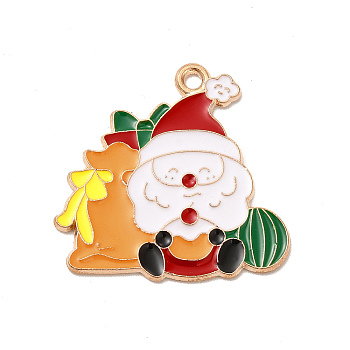 Christmas Theme Alloy Enamel Pendants, Light Gold, Santa Claus, 25x26x1.5mm, Hole: 1.6mm