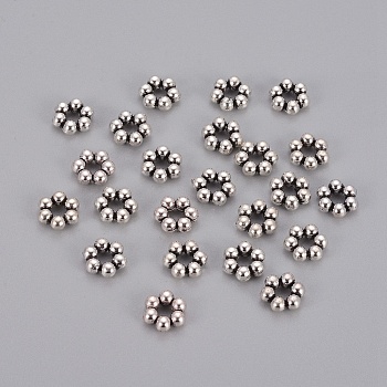 Vintage Style Antique Silver Tone Daisy Spacer Beads, Lead Free & Nickel Free & Cadmium Free, Size: about 8mm in diameter, 3mm thick, hole: 3mm