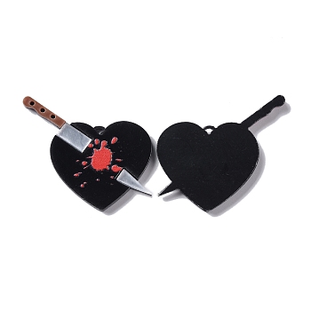 Acrylic Pendant, Heart Broken Knife, Black, 39x42x3.5mm, Hole: 1.5mm