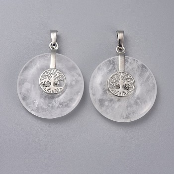 Natural Quartz Crystal Pendants, Rock Crystal Pendants, with Platinum Tone Brass Findings, Donut/Pi Disc with Tree of Life, 35.5x30x8.5~9.5mm, Hole: 4.5x6.5mm