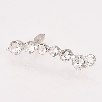 Alloy Stud Earring Findings, with Loop, 925 Sterling Silver Pins & Rhinestones, Platinum, Crystal, 29x5mm, Hole: 1.5mm, Pin: 0.6mm