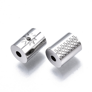 304 Stainless Steel Beads, with Rhinestone, Column with Star, Stainless Steel Color, 8x6mm, Hole: 1.6mm