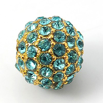 Alloy Rhinestone Beads, Grade A, Round, Golden Metal Color, Aquamarine, 10mm