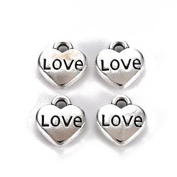 Tibetan Style Alloy Charms, Lead Free & Cadmium Free, Heart with Word Love, Antique Silver, 8.5x7.5x2.5mm, Hole: 1.2mm, about 925pcs/500g