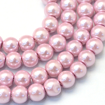 Baking Painted Pearlized Glass Pearl Round Bead Strands, Flamingo, 6~7mm, Hole: 1mm, about 135~140pcs/strand, 31.4 inch