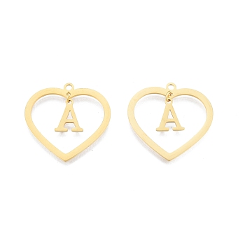 201 Stainless Steel Pendants, Hollow, Heart with Letter A~Z, Real 18K Gold Plated, Letter.A, 29x29.5x1mm, Hole: 2mm, A~Z: 12x8~10.5x1mm