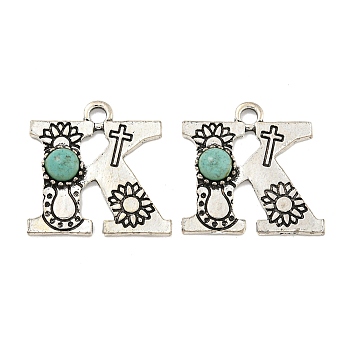 Synthetic Turquoise & Alloy Pendants, Letter Charms, Antique Silver, Letter K, 25x25.5x4.5mm, Hole: 3mm