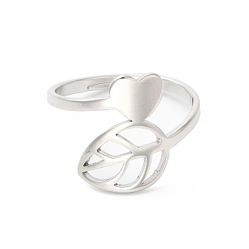 304 Stainless Steel Heart & Leaf Adjustable Ring for Women, Stainless Steel Color, Inner Diameter: 17mm
