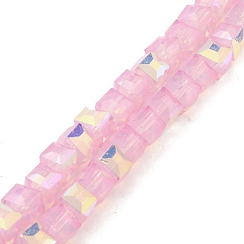Baking Painted Glass Beads Strands, Imitation Opalite, Faceted, AB Color Plated, Cube, Pink, 6.5x6.5x6mm, Hole: 1.2mm, about 95pcs/strand, 22.83~23.03''(58~58.5cm)