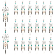 Elite 20Pcs Synthetic Turquoise Alloy Woven Net/Web with Feather Pendant Decorations, with Cowrie Shell and 304 Stainless Steel Lobster Claw Clasps, Turquoise, 110mm, Pendant: 87~89x28x7~11mm(HJEW-PH0001-69)