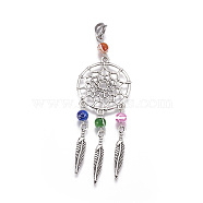 Alloy Pendants, with 304 Stainless Steel Lobster Claw Clasps, Iron Finding, Spray Painted Drawbench Acrylic Round Beads, Woven Net/Web with Feather, Antique Silver, 93mm(HJEW-JM00349)
