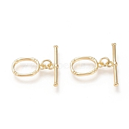Brass Toggle Clasps, with Jump Rings, Long-Lasting Plated, Oval, Real 18K Gold Plated, Oval: 16.5x11x1.7mm, Hole: 2x1.8mm, Bar: 5.5x24.5x2.2mm, Hole: 1.8mm(X-KK-M108-F01)