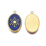 304 Stainless Steel Enamel Pendants, Real 18K Gold Plated, Oval with Sun, Prussian Blue, 23x14.5x3mm, Hole: 2mm(STAS-N092-157A)