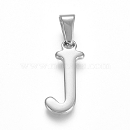 304 Stainless Steel Pendants, Stainless Steel Color, Initial Letter.J, 21x10x1.8mm, Hole: 3x7mm(STAS-F106-95P-J-01)