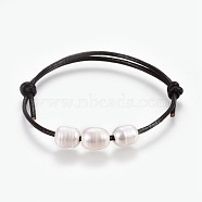 Adjustable Cowhide Leather Cord Bracelets, with Natural Pearl Beads, White, 2 inch~3-1/8 inch(5~8cm)(adjustable)(BJEW-JB04113-01)