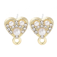 Alloy Glass Drill Pearl Stud Earring Findings, Heart, Golden, 11x9mm, Hole: 1.4mm, Pin: 0.7x13mm(FIND-U006-09G)