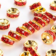 Brass Grade A Rhinestone Spacer Beads, Golden Plated, Rondelle, Nickel Free, Light Siam, 6x3mm, Hole: 1mm(RSB036NF-08G)