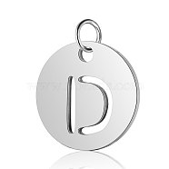 304 Stainless Steel Charms, Flat Round with Letter, Stainless Steel Color, Letter.D, 12x1mm, Hole: 2.5mm(STAS-S105-T514S-D)