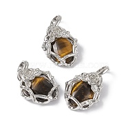 Natural Tiger Eye Pendants, Oval Charms, with Platinum Tone Brass Rose Findings, Cadmium Free & Nickel Free & Lead Free, 25~26x19~19.5x9~9.5mm, Hole: 7.5x5.5mm(G-P484-03P-01)