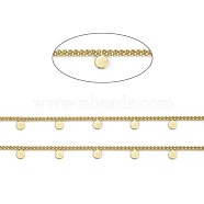 Handmade Brass Curb Chains, with Flat Round Charms and Spool, Soldered, Long-Lasting Plated, Real 18K Gold Plated, Link: 2x2x1mm, Flat Round: 4x3x0.5mm, about 32.8 Feet(10m)/roll(CHC-E020-06G)