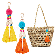 Fluffy Pompom Ball Bag Hanging Ornament, Wood Beaded Pendant Decoration, with Polyester Tassel & Alloy Swivel Clasp, Mixed Color, 185mm, 2pcs/set(HJEW-WH0042-51)
