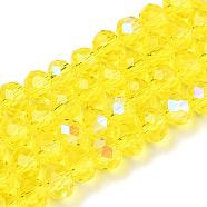 Electroplate Glass Beads Strands, Half Rainbow Plated, Faceted, Rondelle, Champagne Yellow, 10x8mm, Hole: 1mm, about 63~65pcs/strand, 19.2~20 inch(48~50cm)(EGLA-A034-T10mm-L28)