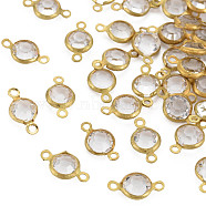 Brass Glass Links/Connectors, Faceted Flat Round, Raw(Unplated), Clear, 13x6~7x3mm, Hole: 2mm(KK-Q576-11I)