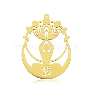 201 Stainless Steel Yoga Theme Pendants, Laser Cut, Vacuum Plating, Lotus with Human, Golden, 43x32x1mm, Hole: 1.6mm(STAS-S105-LA723-2)