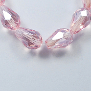 Electroplate Glass Beads Strands, Pearl Luster Plated, Faceted, teardrop, Pink, 6x4mm, Hole: 1mm, about 72pcs/strand, 15 inch(X-EGLA-R008-6x4mm-12)
