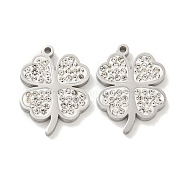 304 Stainless Steel Pendants, with Polymer Clay Crystal Rhinestone, Clover Charms, Stainless Steel Color, 15.5x12x1.8mm, Hole: 1mm(STAS-L278-031P)