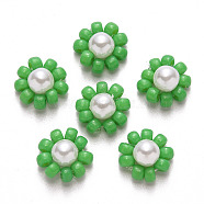 Glass Seed Beads Charms, with ABS Plastic Imitation Pearl and Golden Tone Brass Findings, Flower, Spring Green, 10x5mm(FIND-R086-05B)