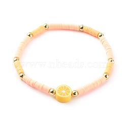Handmade Polymer Clay Heishi Beaded Stretch Bracelets, with Brass Round Beads, Orange, Golden, Gold, Inner Diameter: 2-1/8 inch(5.5cm)(BJEW-JB06142-01)