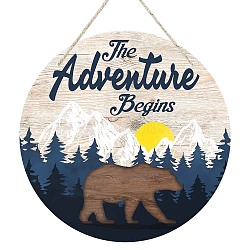 Bear & Forest Pattern Wall Hanging Sign, Wood Pendant Decorations, with Hemp Rope, for Wall Ornaments, Old Lace, 30cm(BEAR-PW0001-72A)