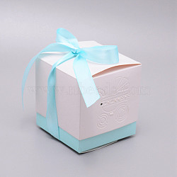 Square Paper Pierced Candy Boxes, with Polyester Ribbon and Baby Carriage Pattern, for Baby Shower Gift Box, Cyan, 8.5x8.5x8.6cm(CON-WH0084-10)